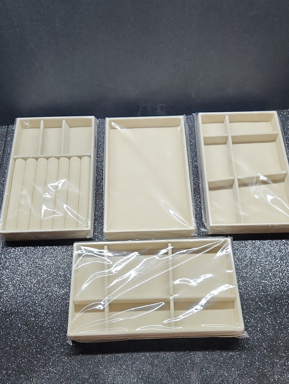 Beige Jewelry Tray Set — 4-Piece Drawer Organizers for Rings & Accessories
